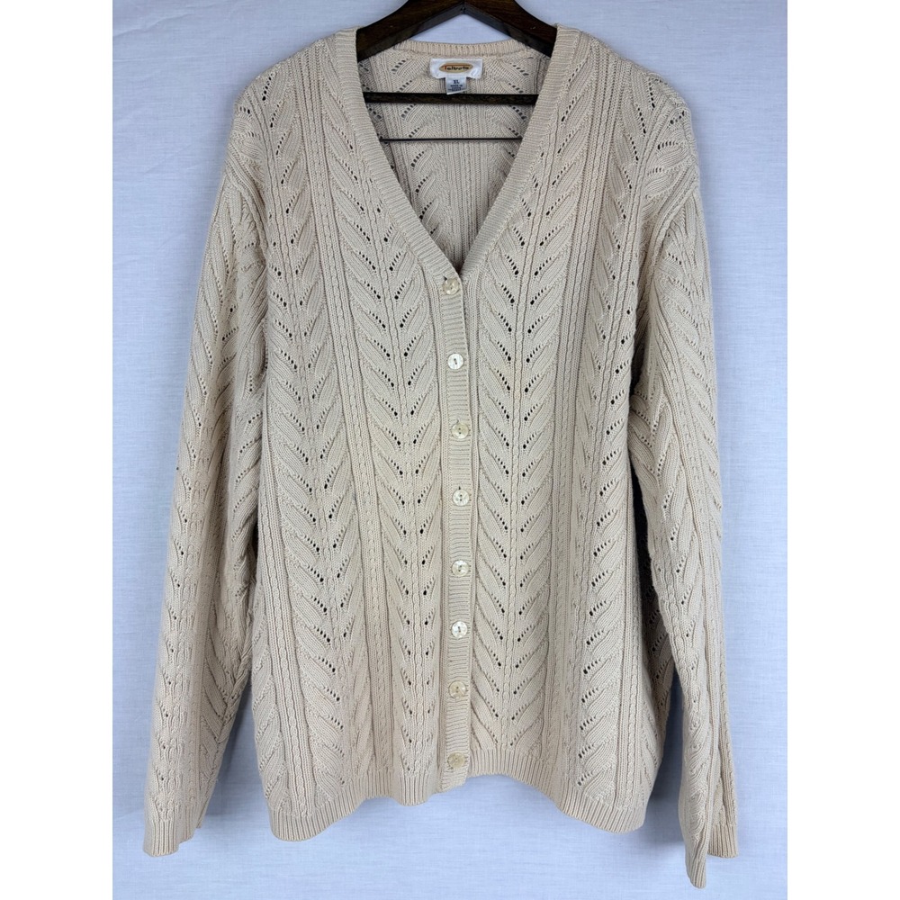 Talbots Womens XL Cream Beige Pointelle Cable Knit Button Front Cardigan Sweater - Picture 2 of 13